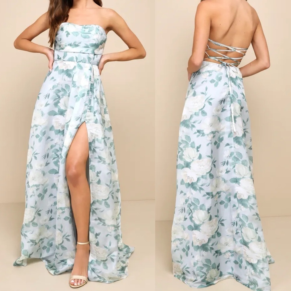 NWOT Exceptional Sight Light Blue Floral Lace-Up Strapless Maxi Dress